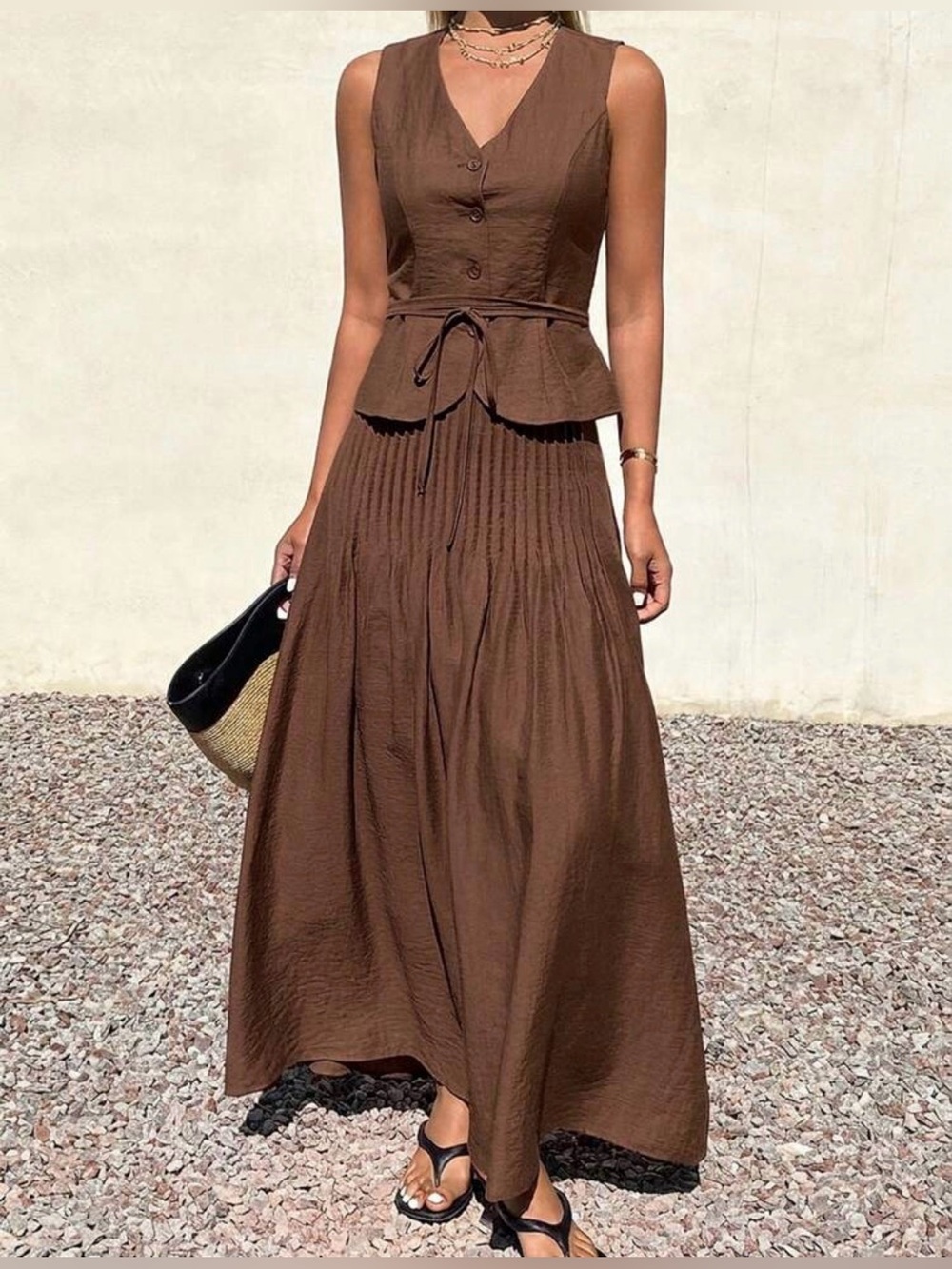 Brown Sleeveless Buttoned Peplum Top & Maxi Skirt Set